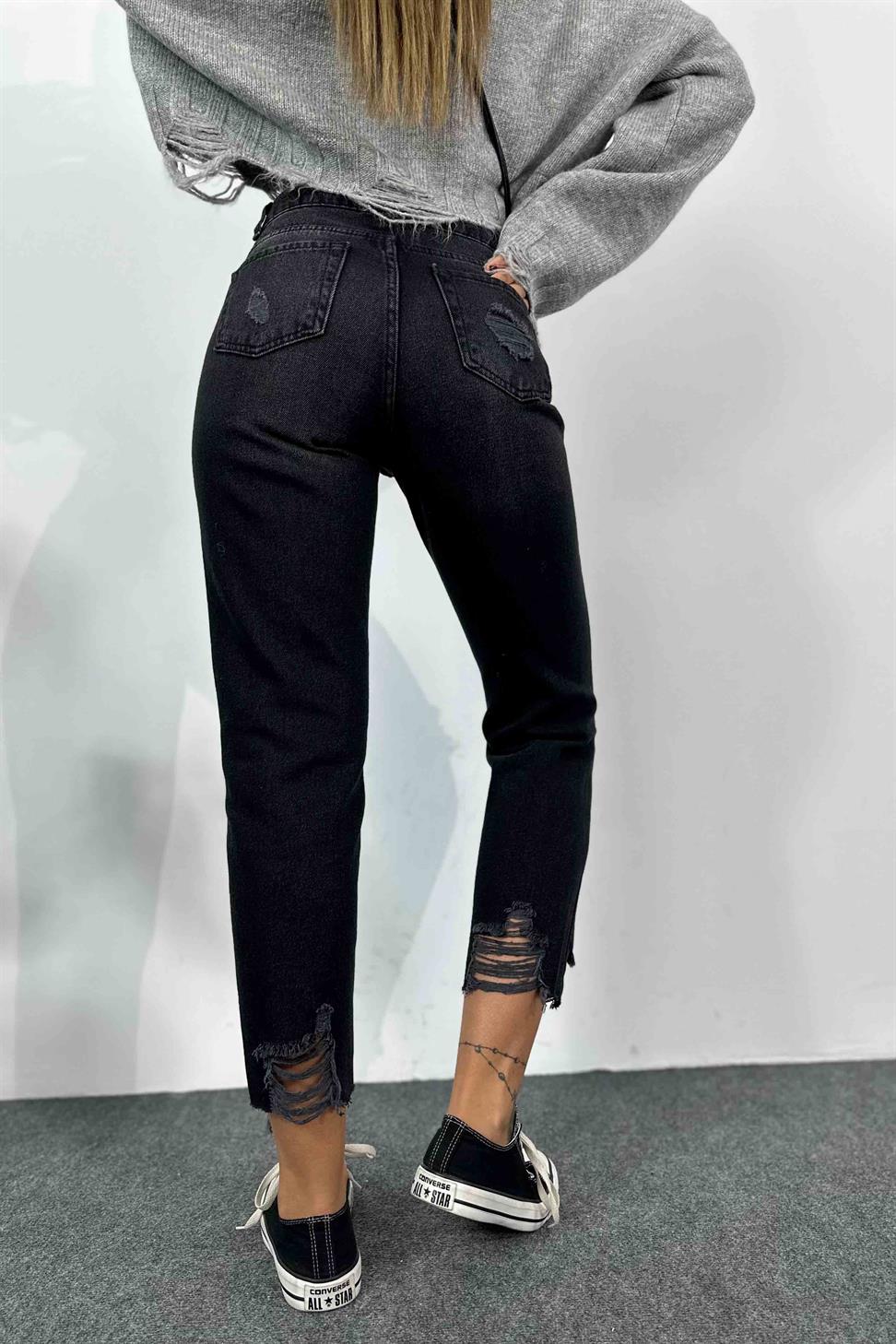 Yüksek Bel Püskül Detaylı Mom Jean Pantolon Füme