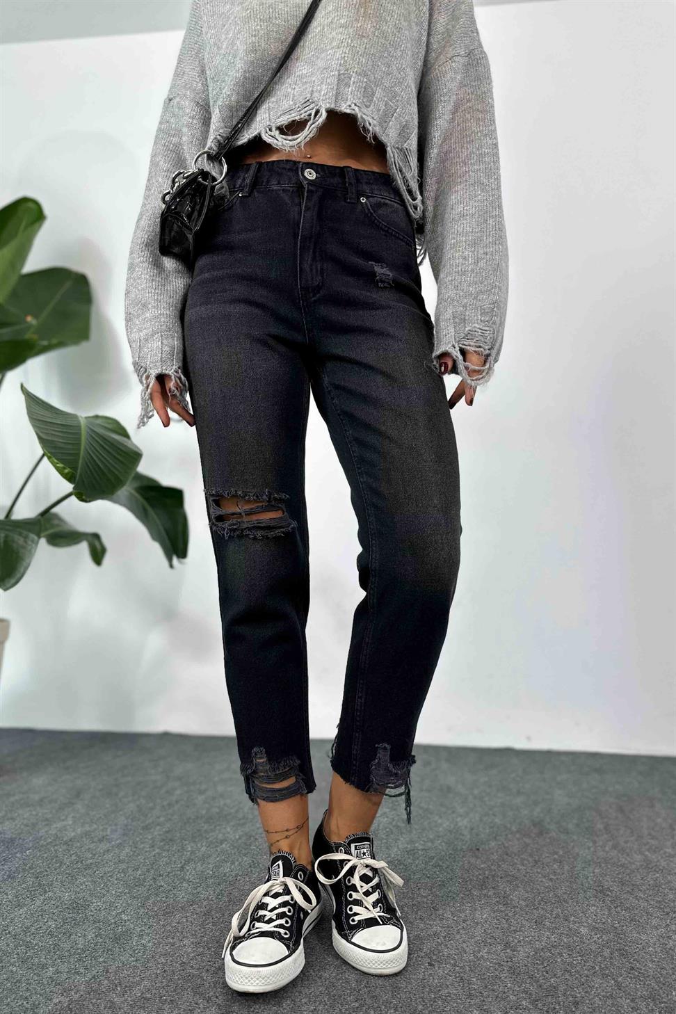 Yüksek Bel Püskül Detaylı Mom Jean Pantolon Füme