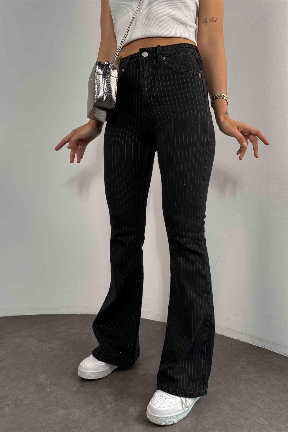 Yüksek Bel Simli İspanyol Paça Jean Antrasit