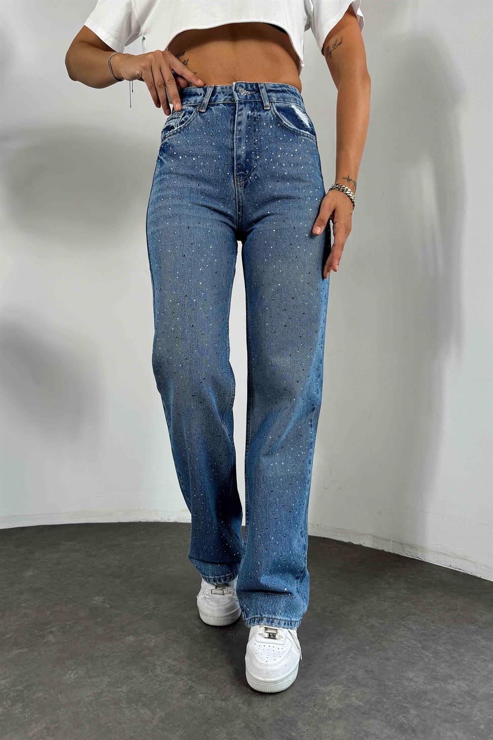 Yüksek Bel Swarovski Taşlı Jean Açık Mavi