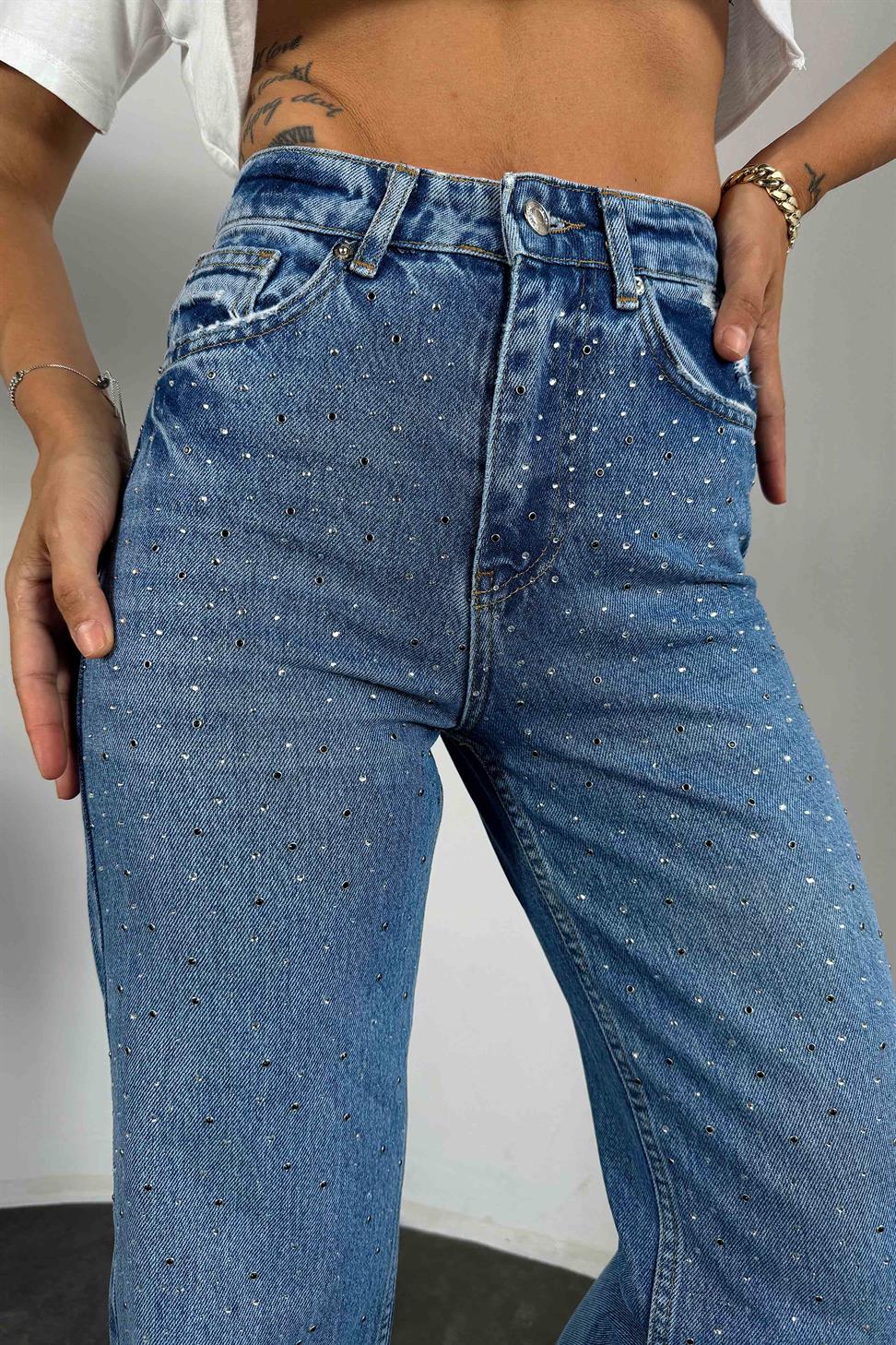 Yüksek Bel Swarovski Taşlı Jean Açık Mavi