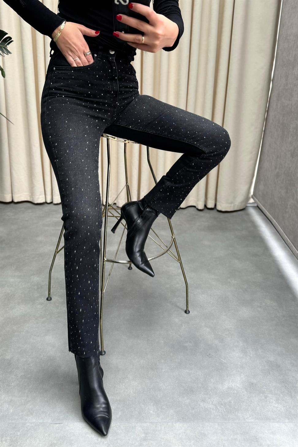 Yüksek Bel Swarovski Taşlı Jean Pantolon Antrasit