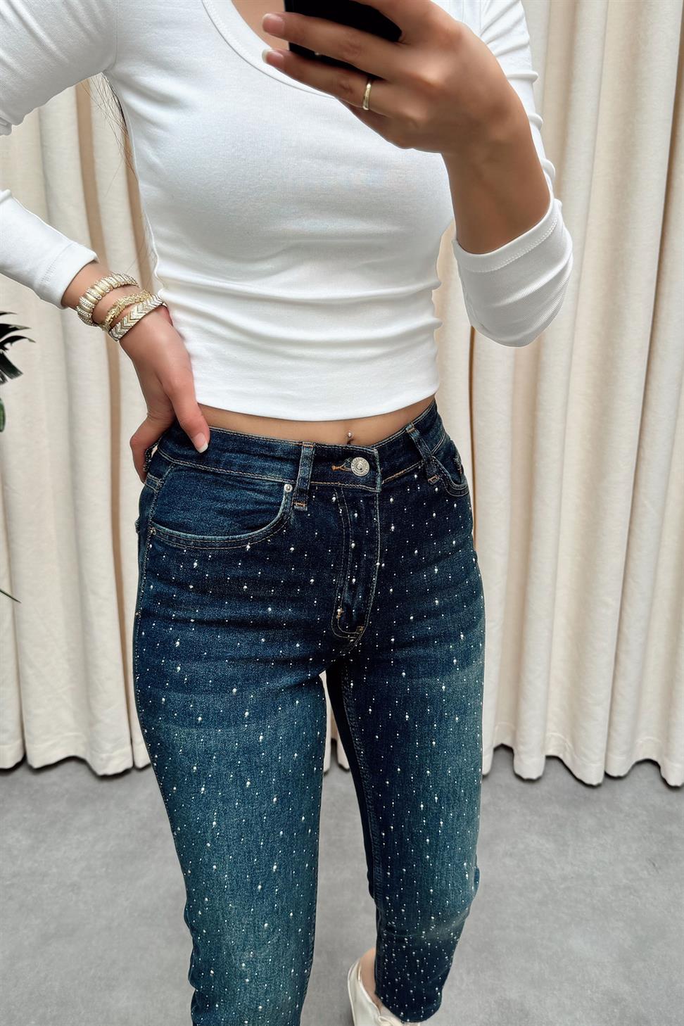 Yüksek Bel Swarovski Taşlı Jean Pantolon Koyu Mavi