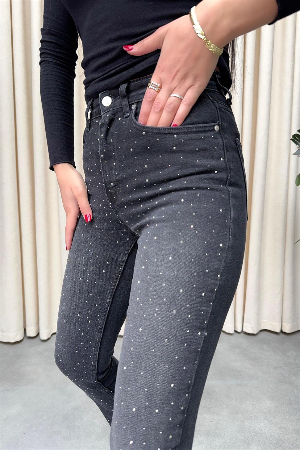 Yüksek Bel Swarovski Taşlı Jean Pantolon Antrasit
