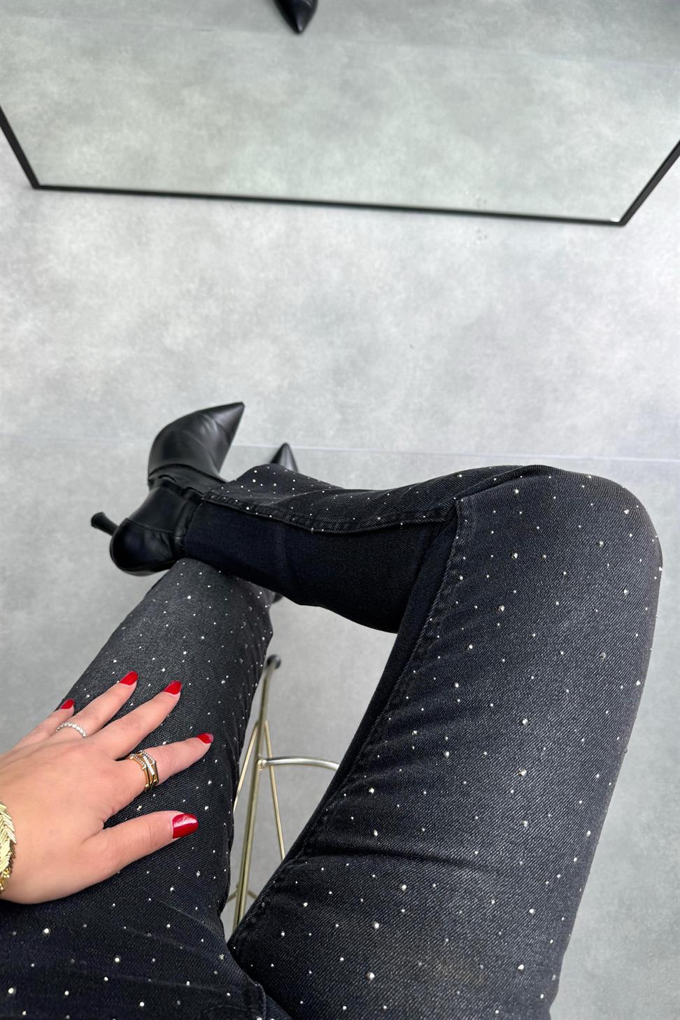 Yüksek Bel Swarovski Taşlı Jean Pantolon Antrasit