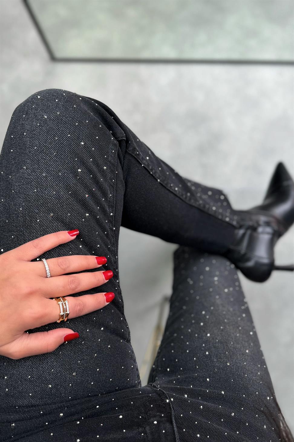 Yüksek Bel Swarovski Taşlı Jean Pantolon Antrasit