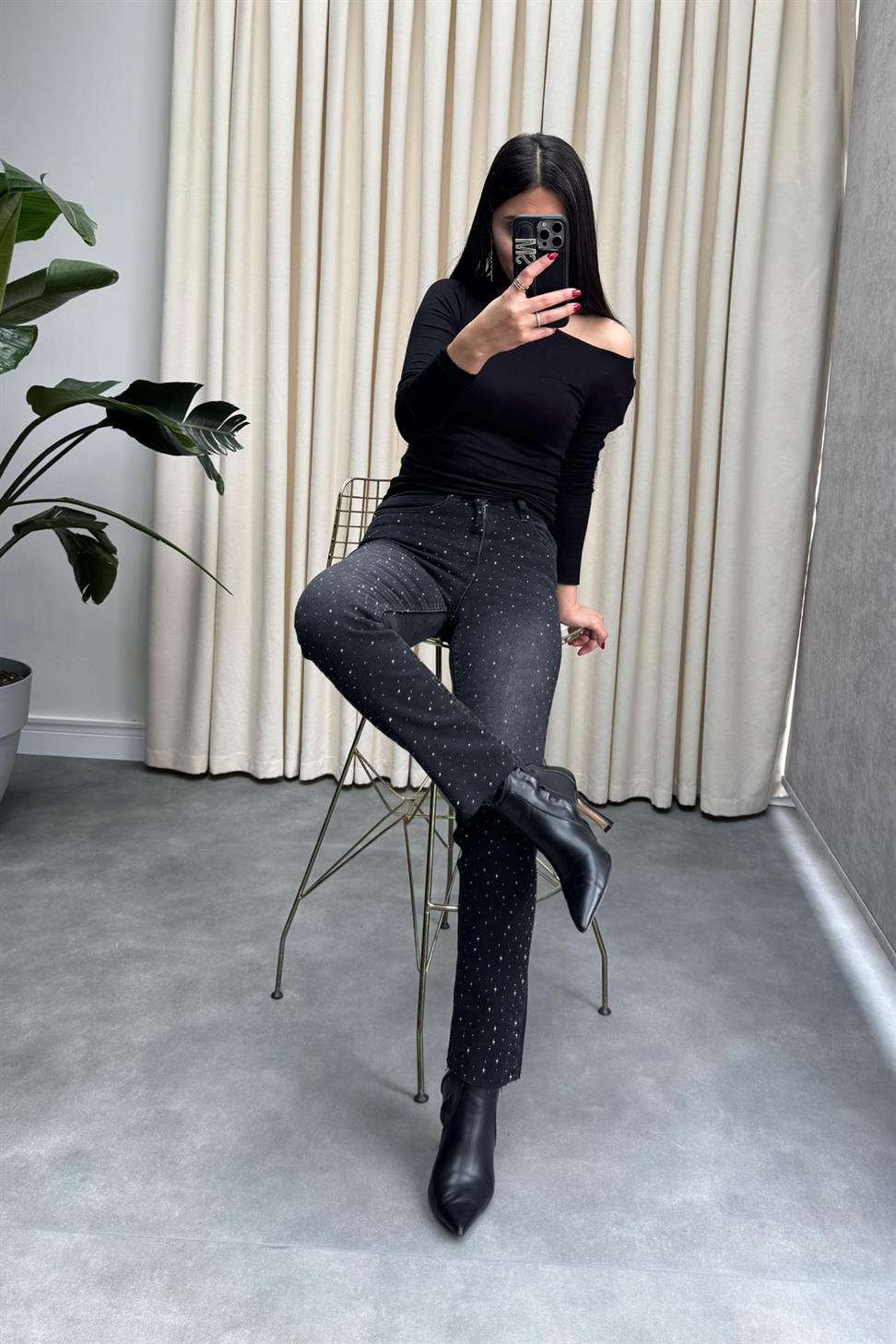 Yüksek Bel Swarovski Taşlı Jean Pantolon Antrasit