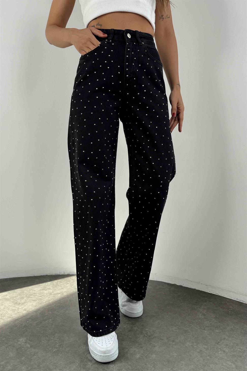 Yüksek Bel Swarovski Taşlı Palazzo Jean Antrasit