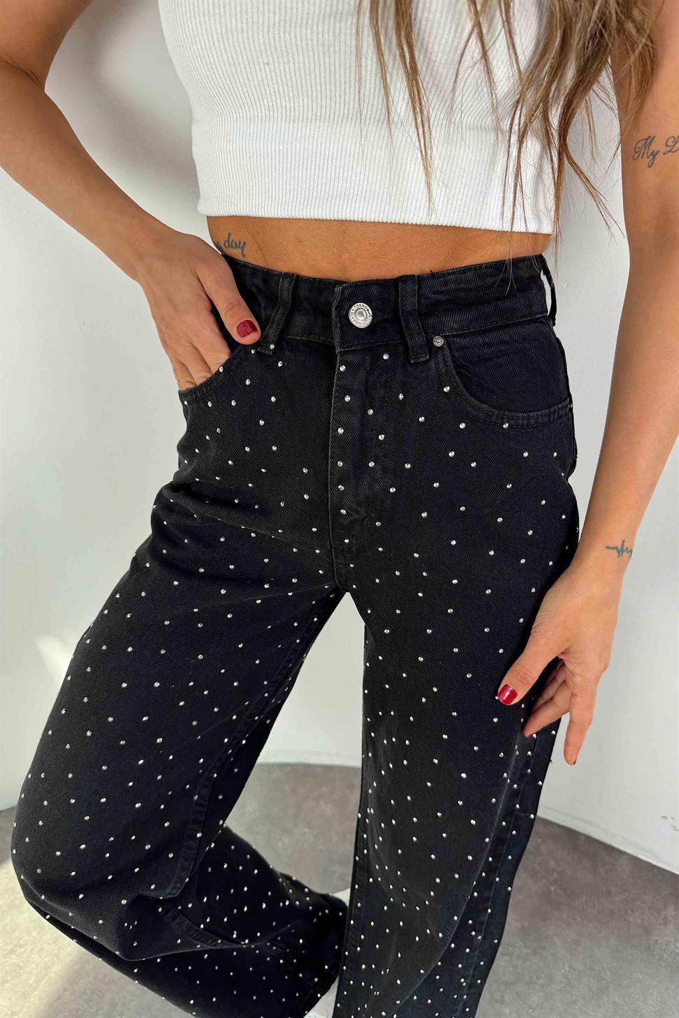 Yüksek Bel Swarovski Taşlı Palazzo Jean Antrasit