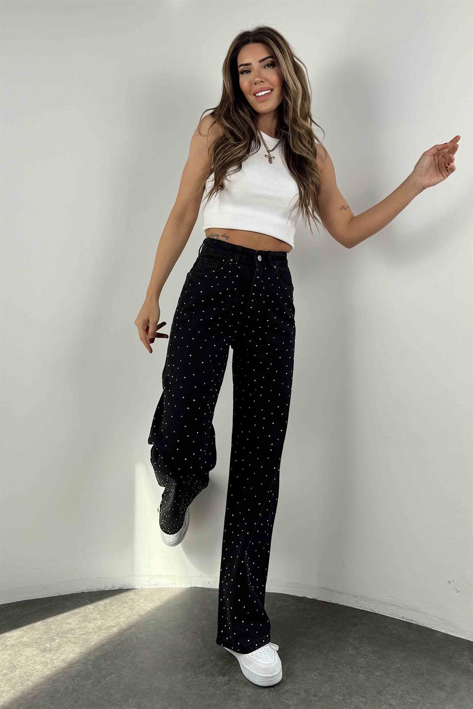 Yüksek Bel Swarovski Taşlı Palazzo Jean Antrasit