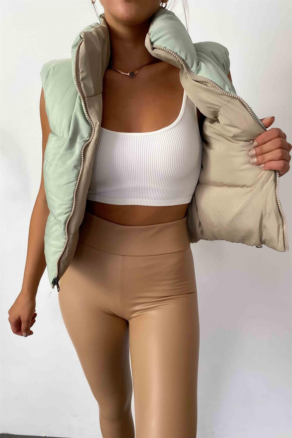 Yüksek Bel Toparlayıcı Parlak Deri Tayt Camel