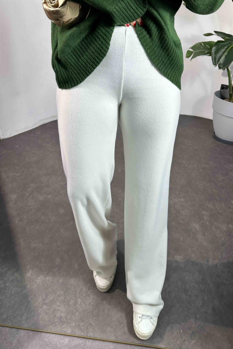 Yüksek Bel Triko Pantolon Beyaz