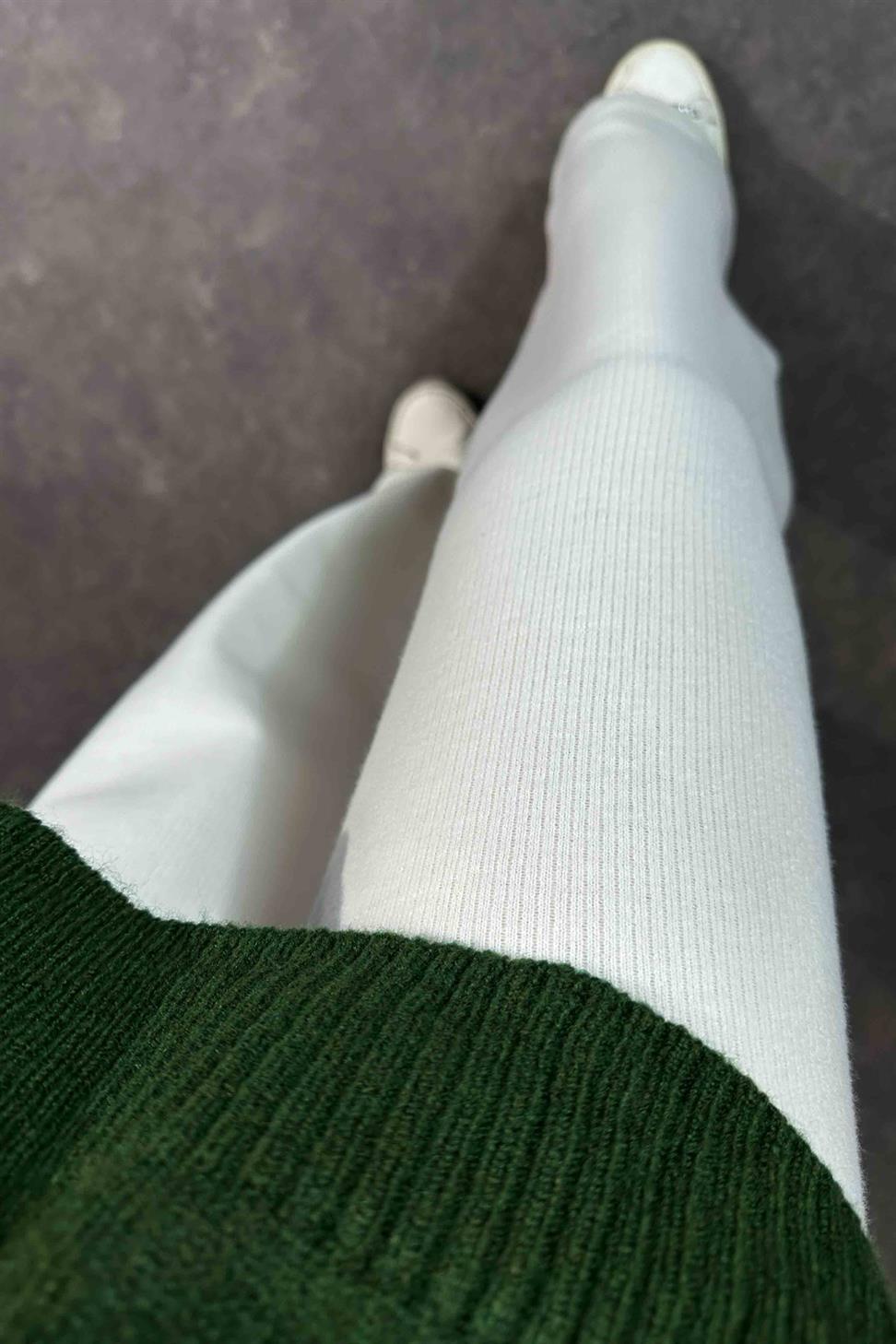 Yüksek Bel Triko Pantolon Beyaz