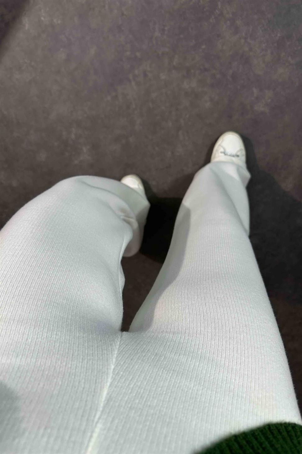 Yüksek Bel Triko Pantolon Beyaz