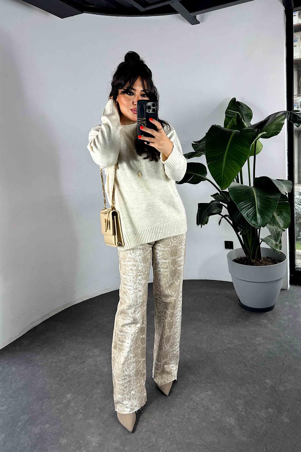 Yüksek Bel Yılan Desenli Kadın Jean Pantolon Vizon