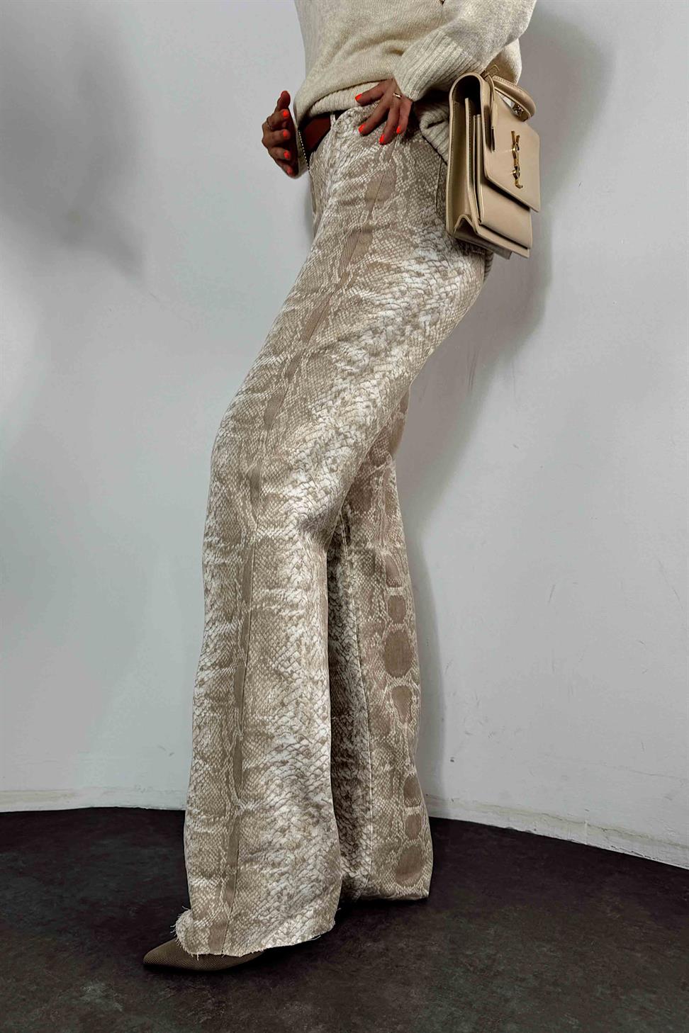 Yüksek Bel Yılan Desenli Kadın Jean Pantolon Vizon