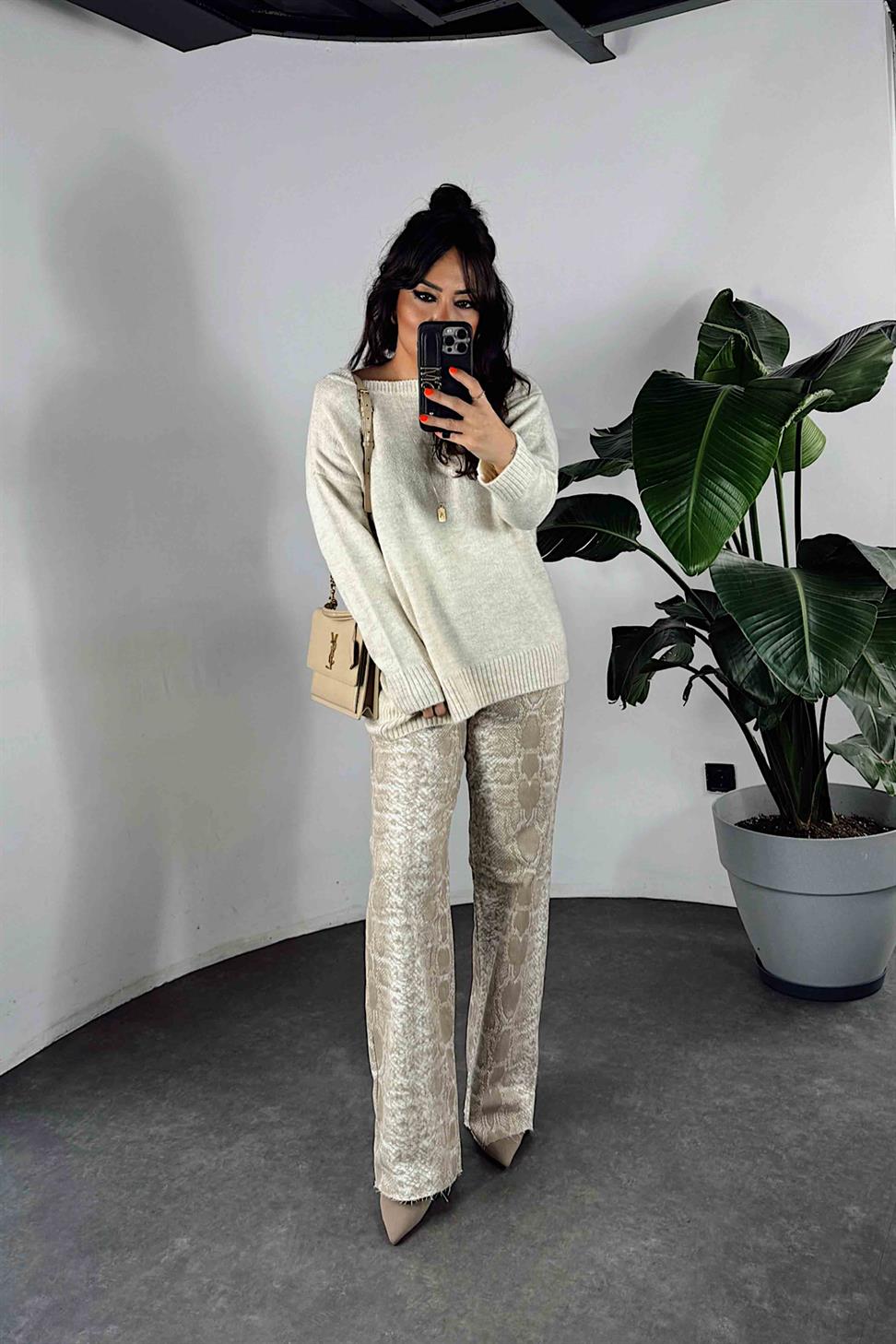 Yüksek Bel Yılan Desenli Kadın Jean Pantolon Vizon