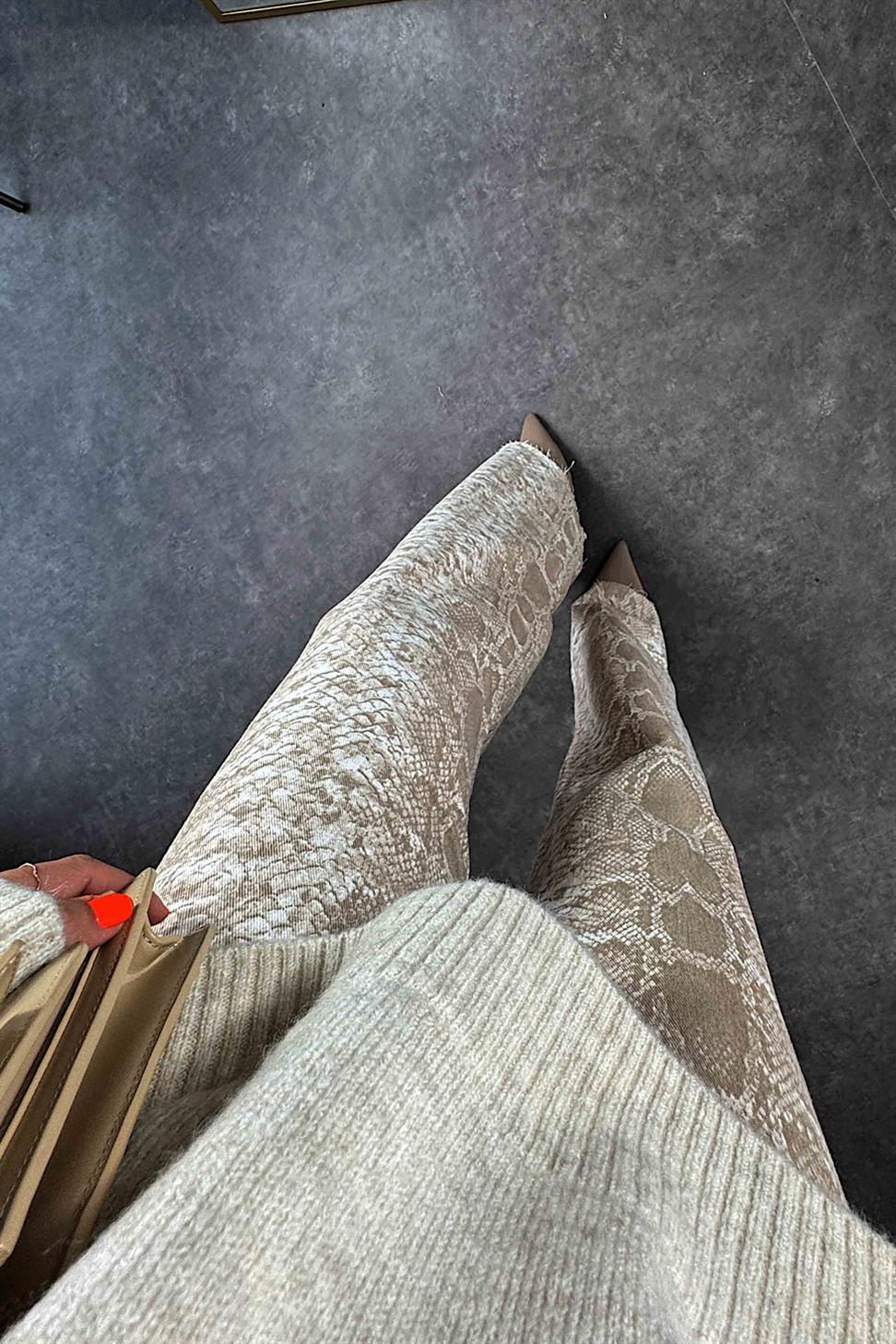 Yüksek Bel Yılan Desenli Kadın Jean Pantolon Vizon