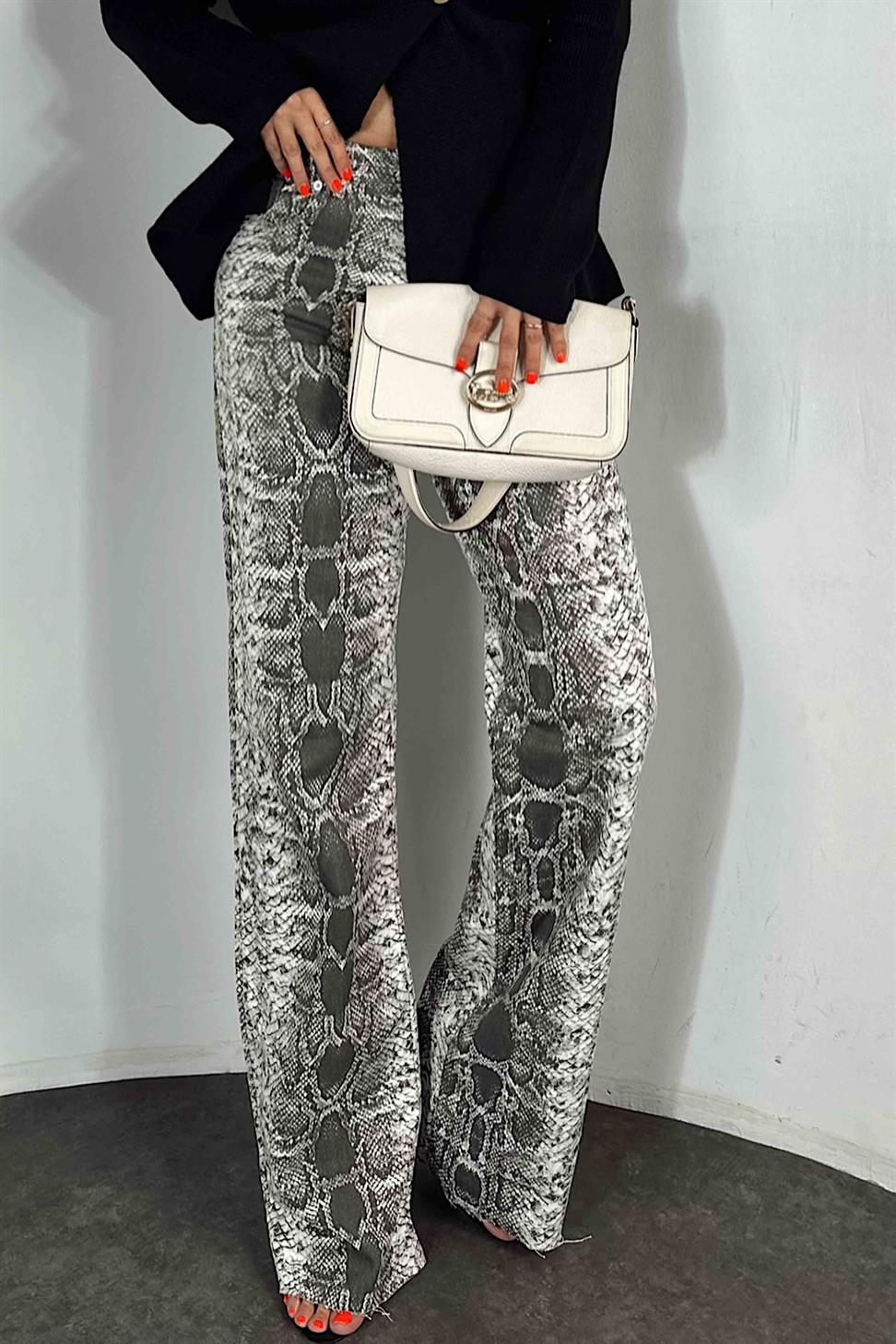 Yüksek Bel Yılan Desenli Kadın Jean Pantolon Gri