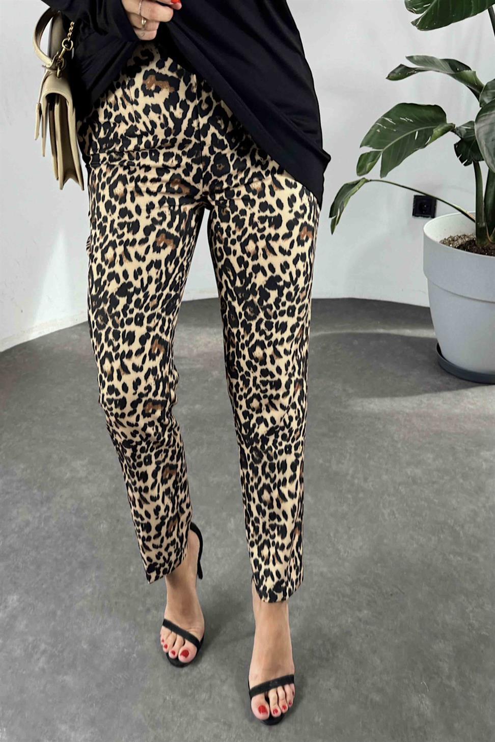 Yüksek Bel Pensli Krep Kumaş Leopar Kadın Pantolon Siyah