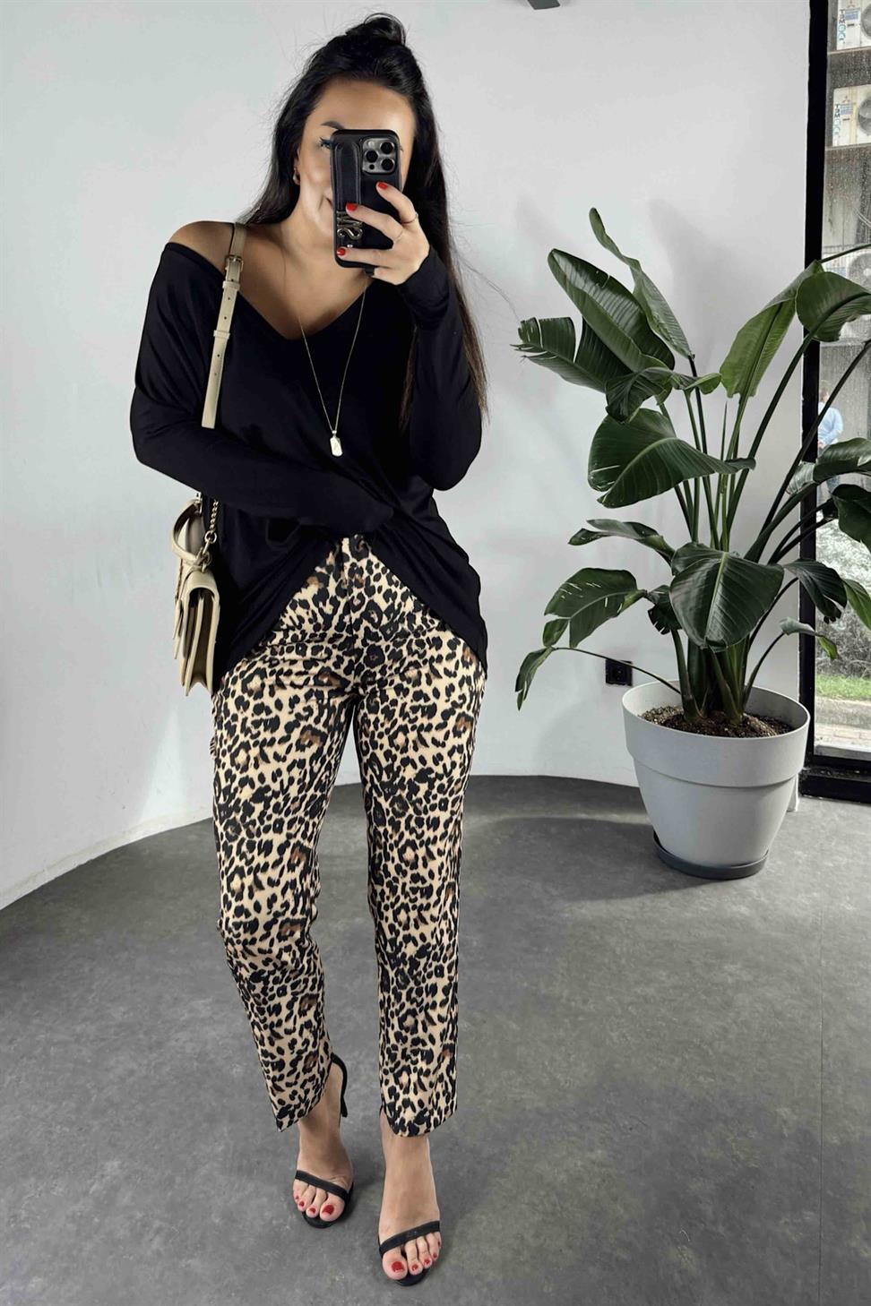 Yüksek Bel Pensli Krep Kumaş Leopar Kadın Pantolon Siyah