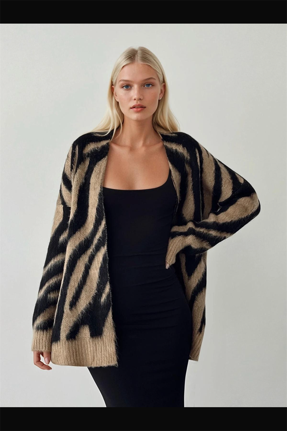 Zebra Desen Oversize Triko Hırka Sütlü Kahve