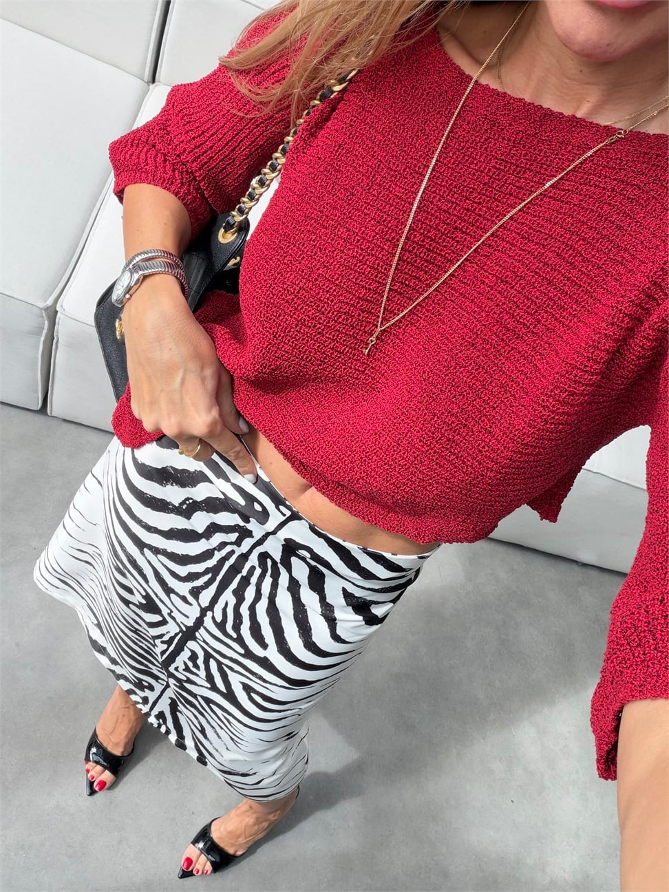 Zebra Desen Saten Midi Etek