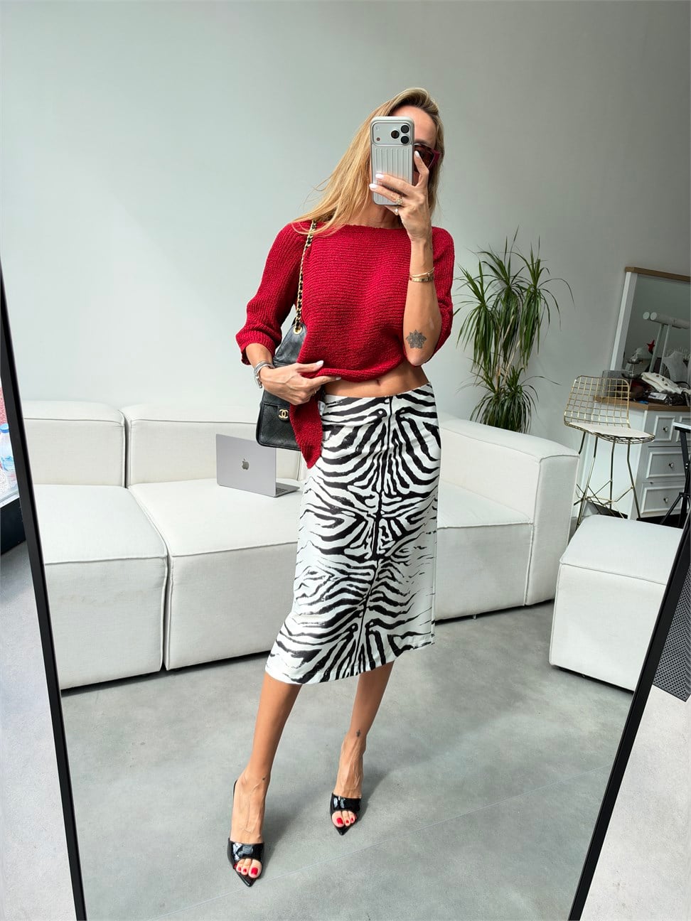 Zebra Desen Saten Midi Etek