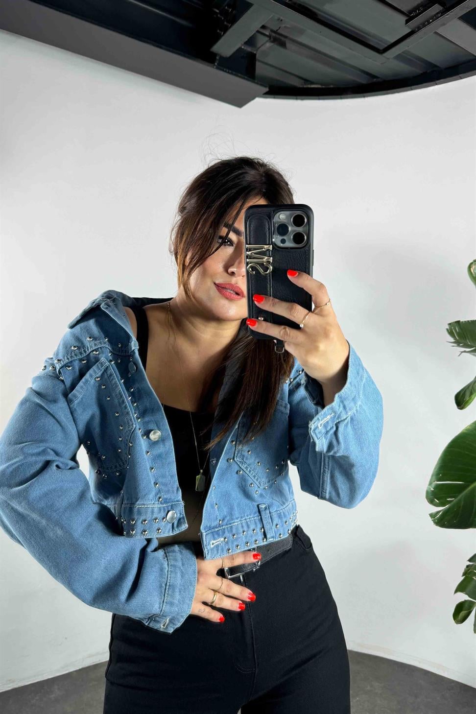 Zımba Detay Tasarım Denim Ceket Mavi