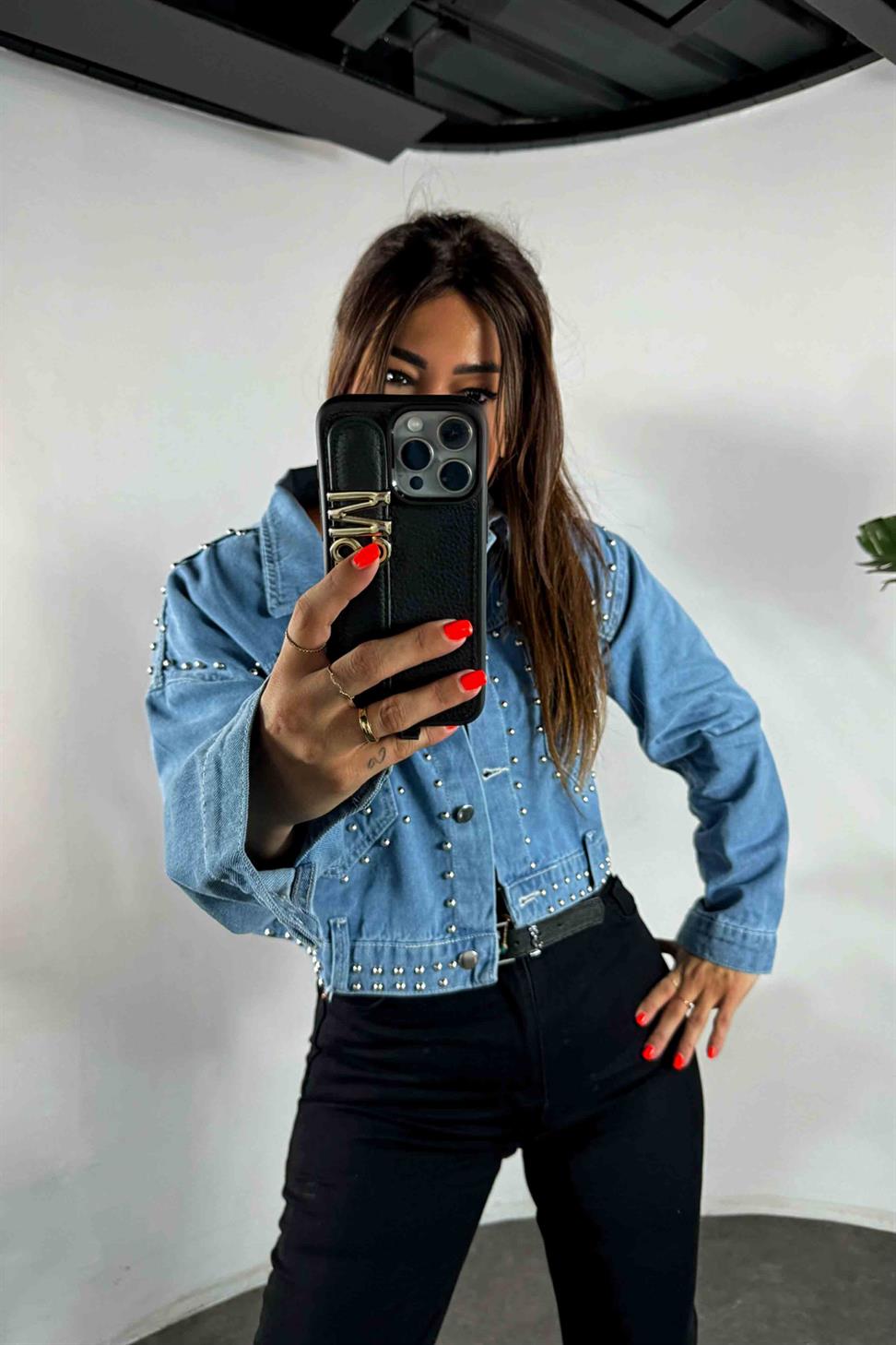 Zımba Detay Tasarım Denim Ceket Mavi