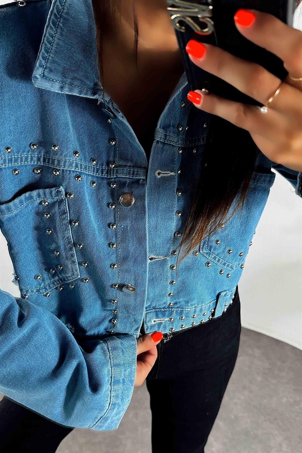 Zımba Detay Tasarım Denim Ceket Mavi