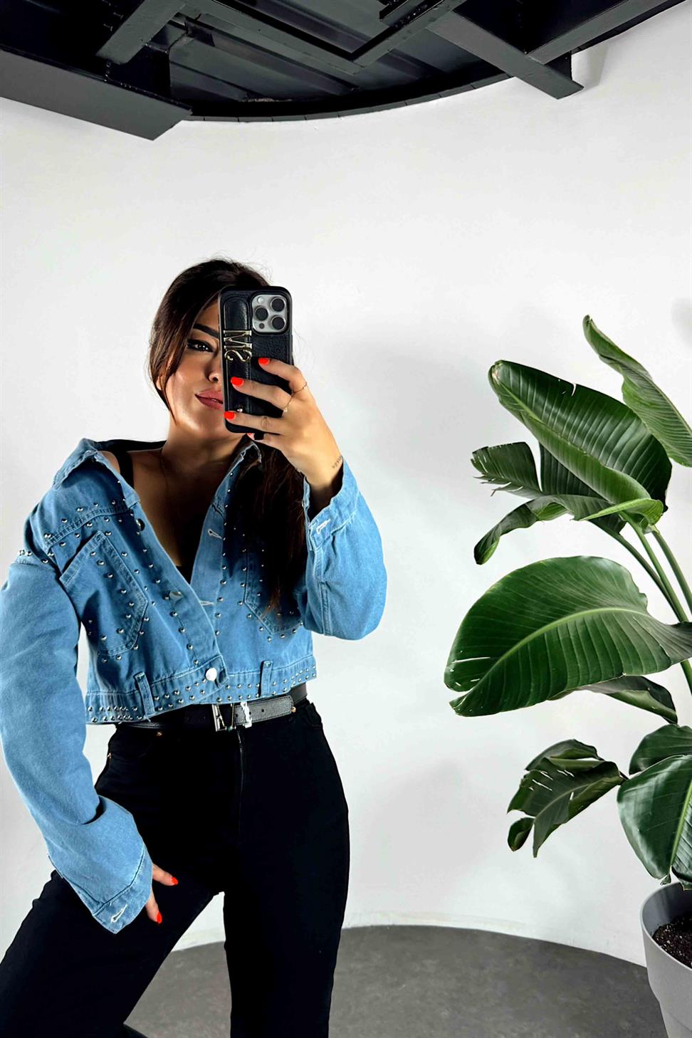 Zımba Detay Tasarım Denim Ceket Mavi