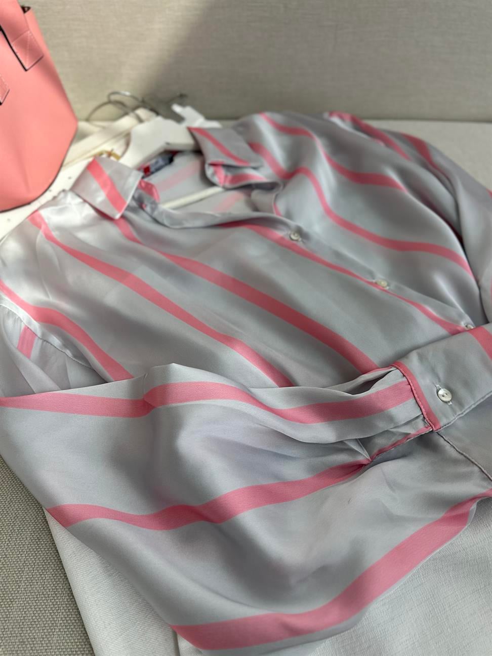 ZR Model Gri Çizgili Saten Gömlek