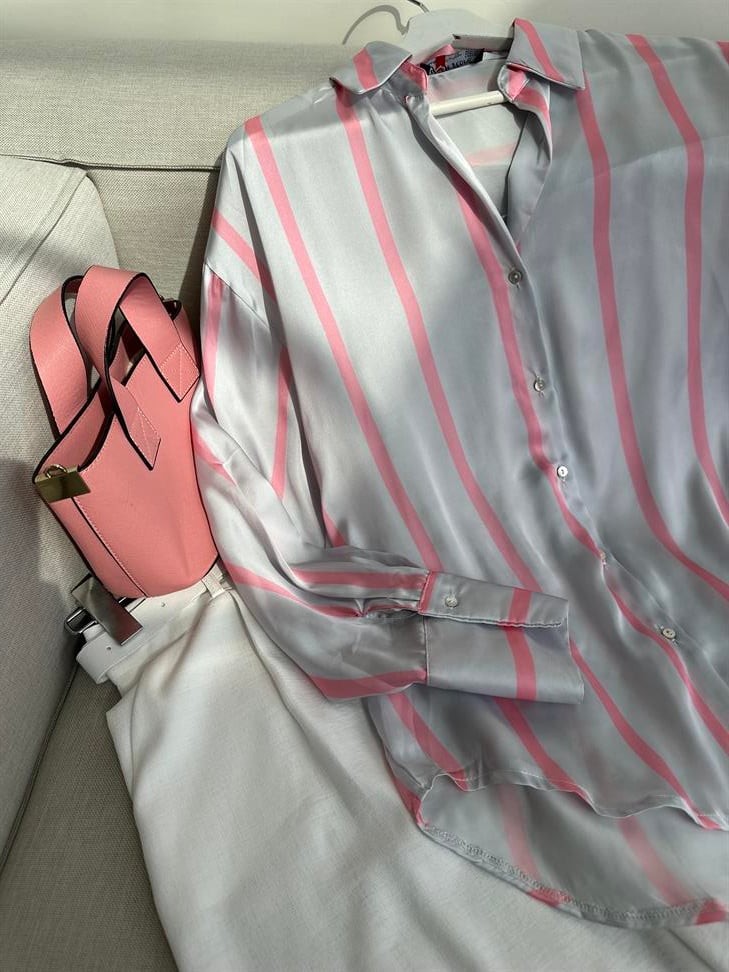 ZR Model Gri Çizgili Saten Gömlek