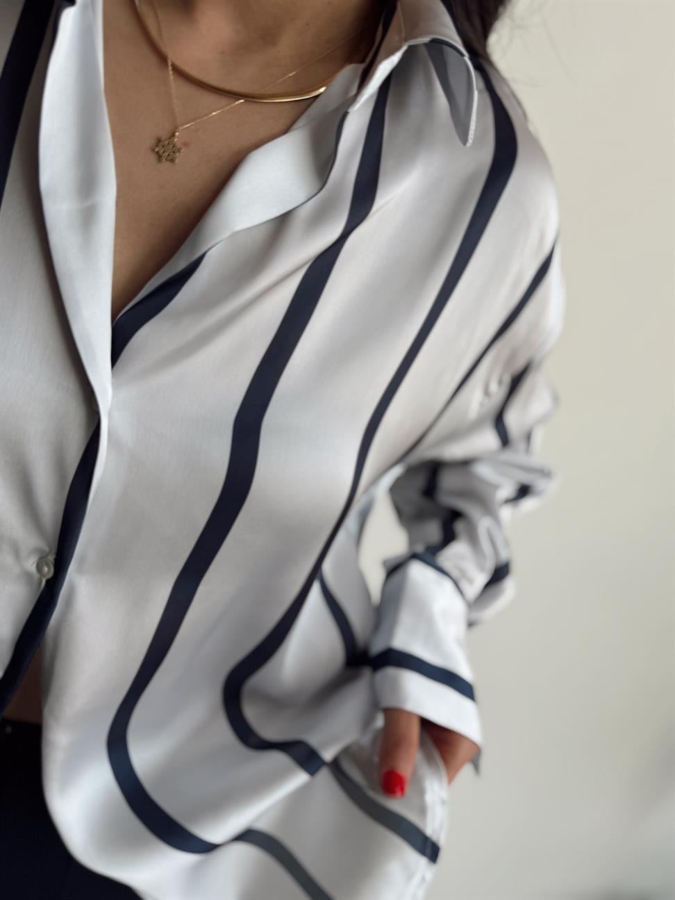 ZR Model Lacivert Çizgili Saten Gömlek 