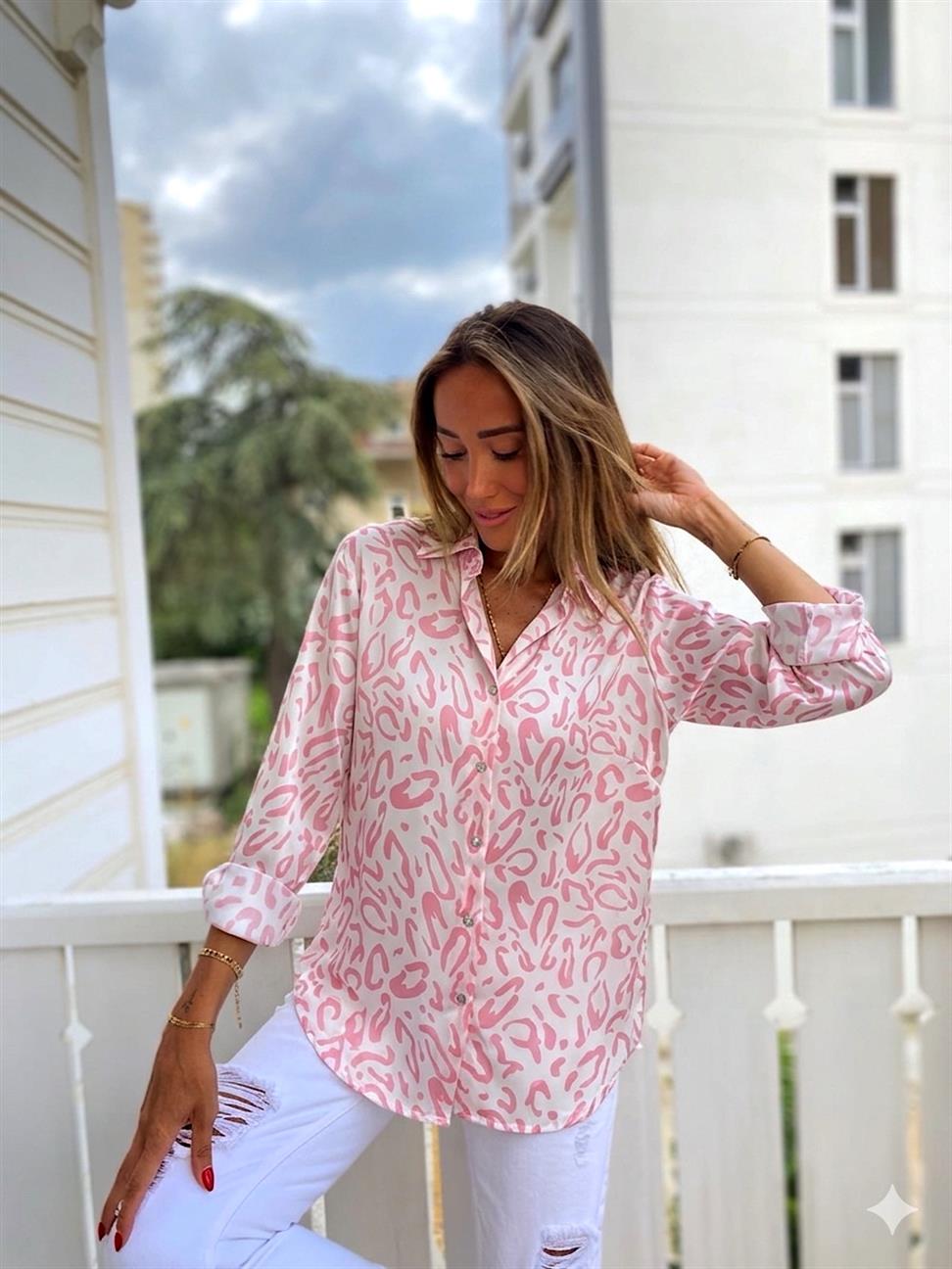 ZR Model Leopar Desenli Saten Gömlek Pembe