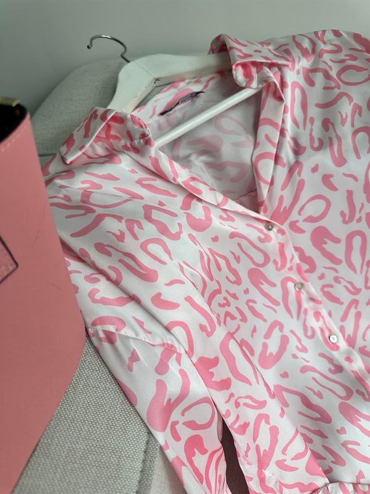 ZR Model Leopar Desenli Saten Gömlek Pembe