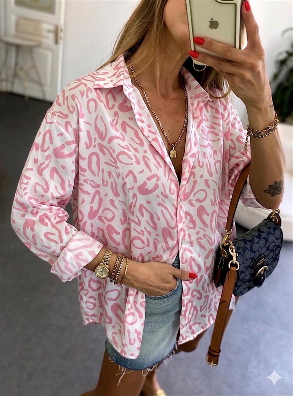 ZR Model Leopar Desenli Saten Gömlek Pembe