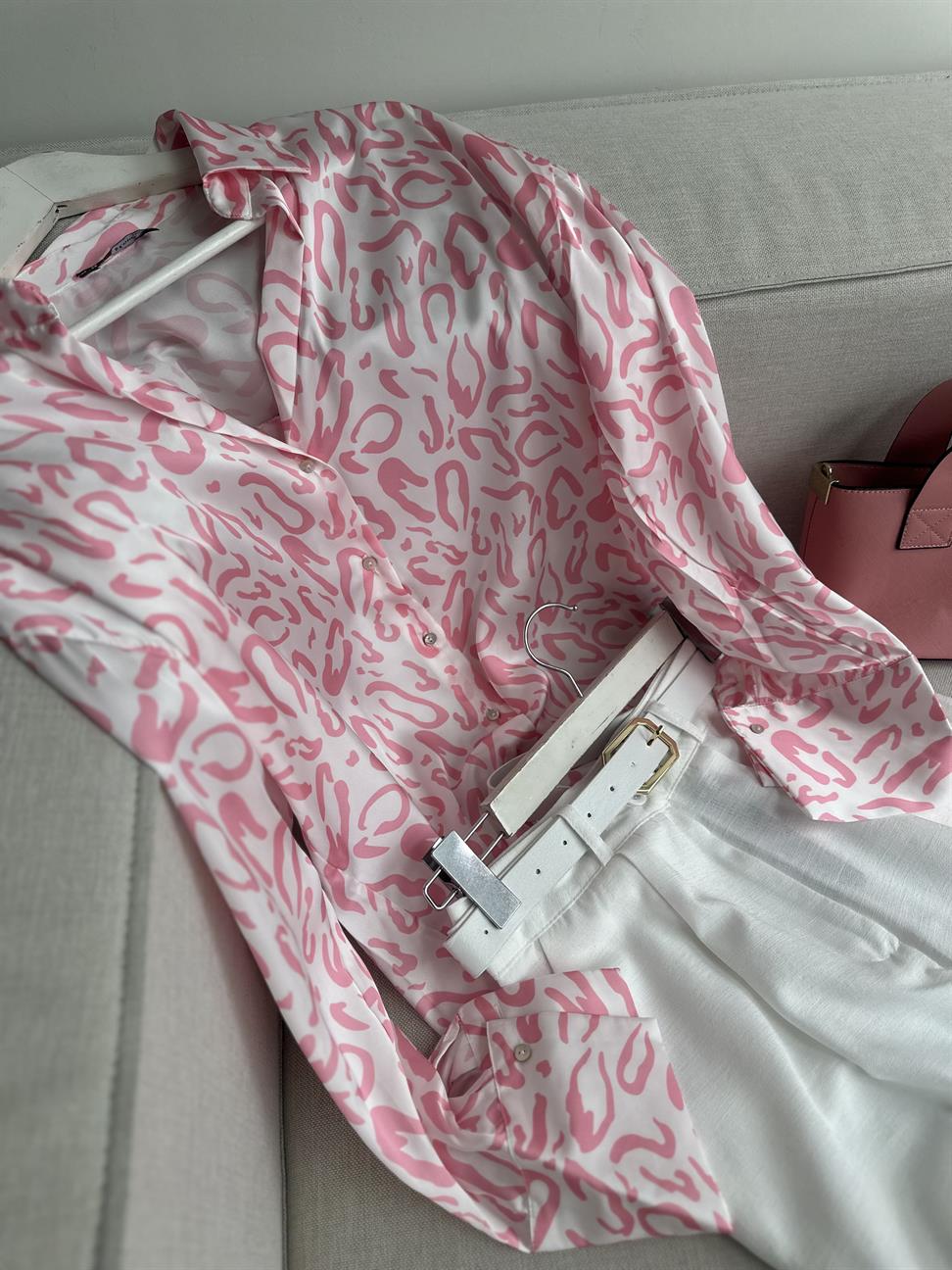 ZR Model Leopar Desenli Saten Gömlek Pembe