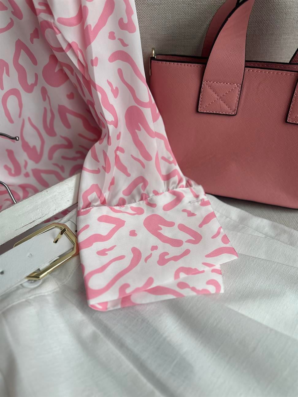 ZR Model Leopar Desenli Saten Gömlek Pembe