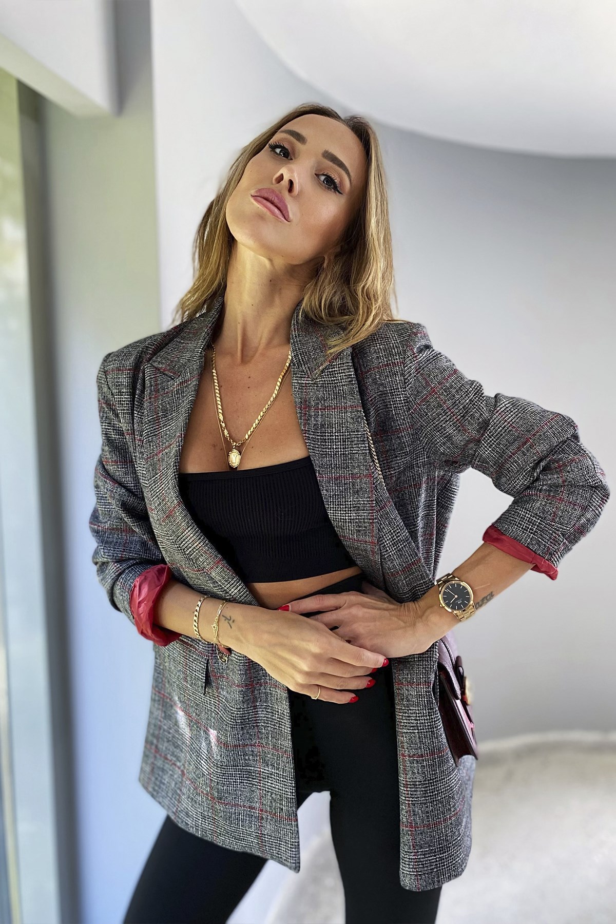Kırmızı Detaylı Çizgili Blazer Ceket Gri · 7