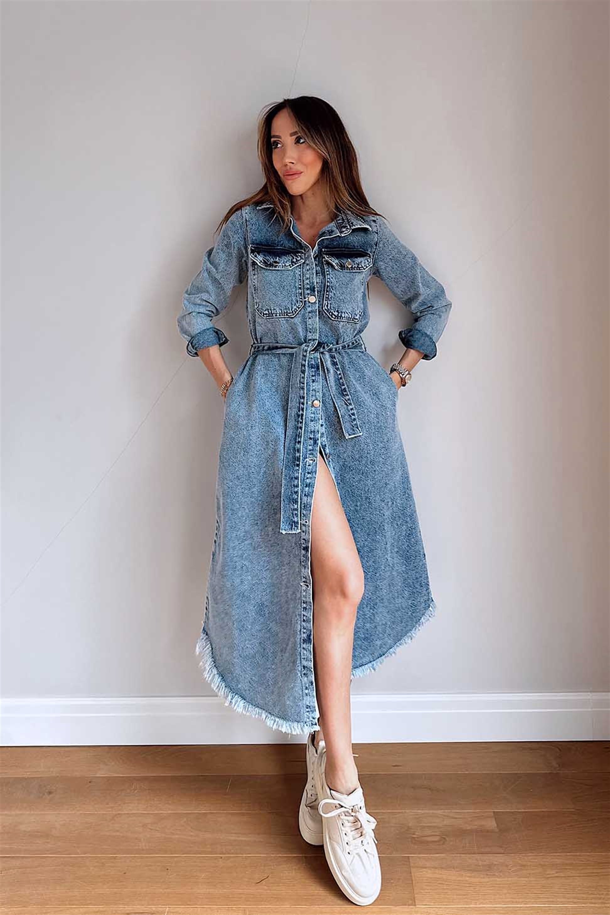 1. Kalite Jean Kumaş Kuşaklı Püsküllü Denim Midi Elbise Mavi