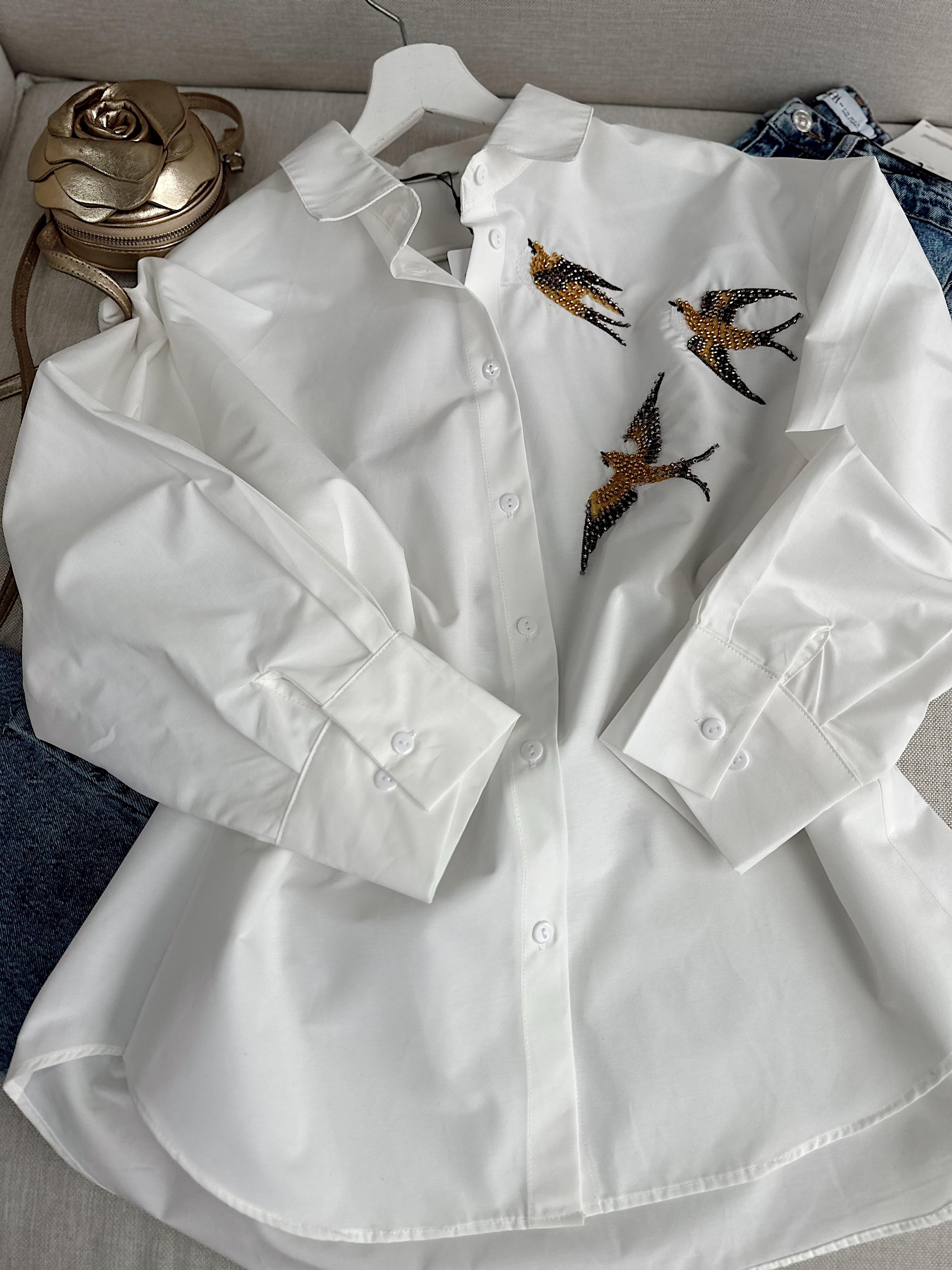 %100 Cotton Ön Arka Kuş İşlemeli Beyaz Poplin Gömlek