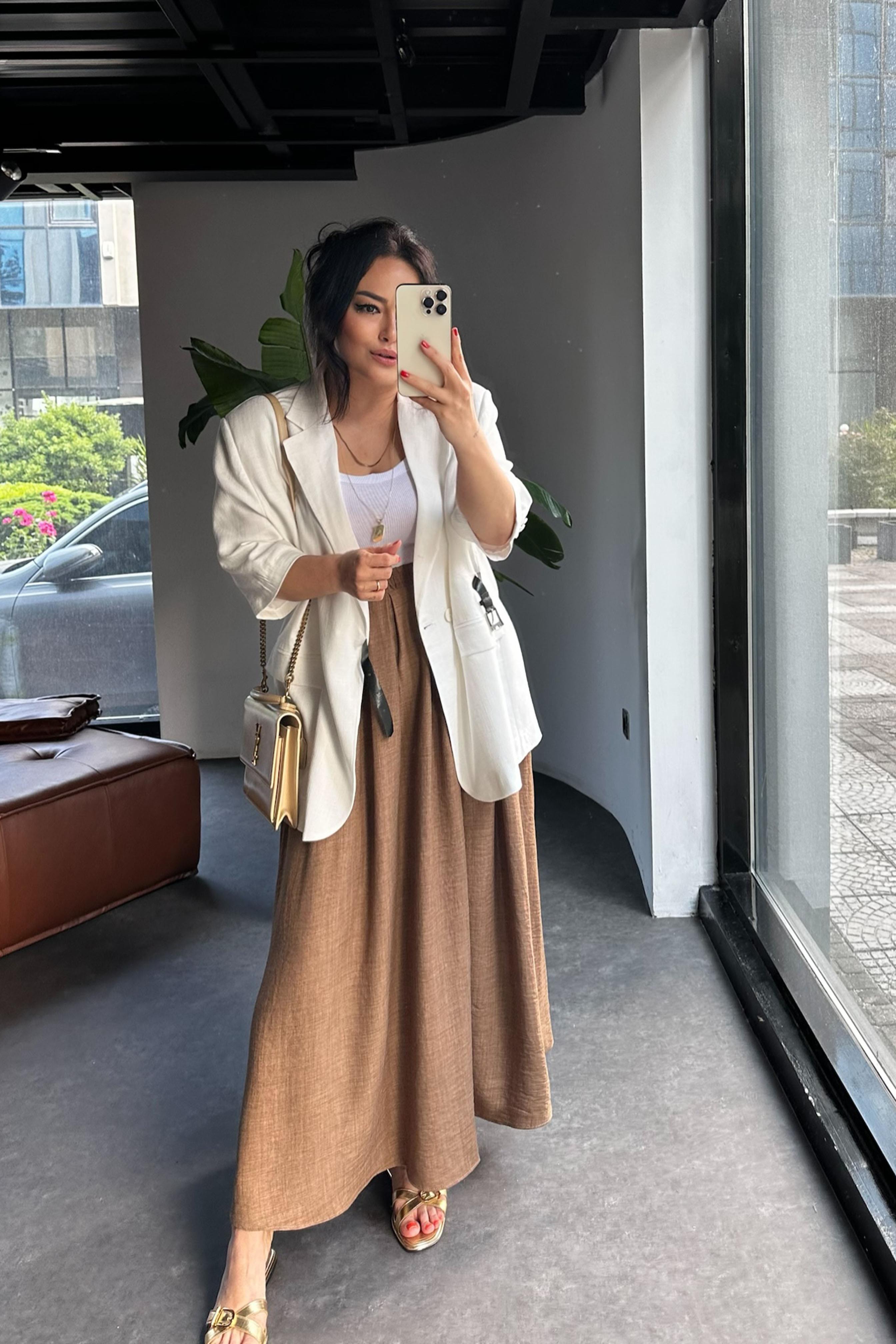 Aerobin Kumaş Cep Detay Salaş Etek. Kahverengi