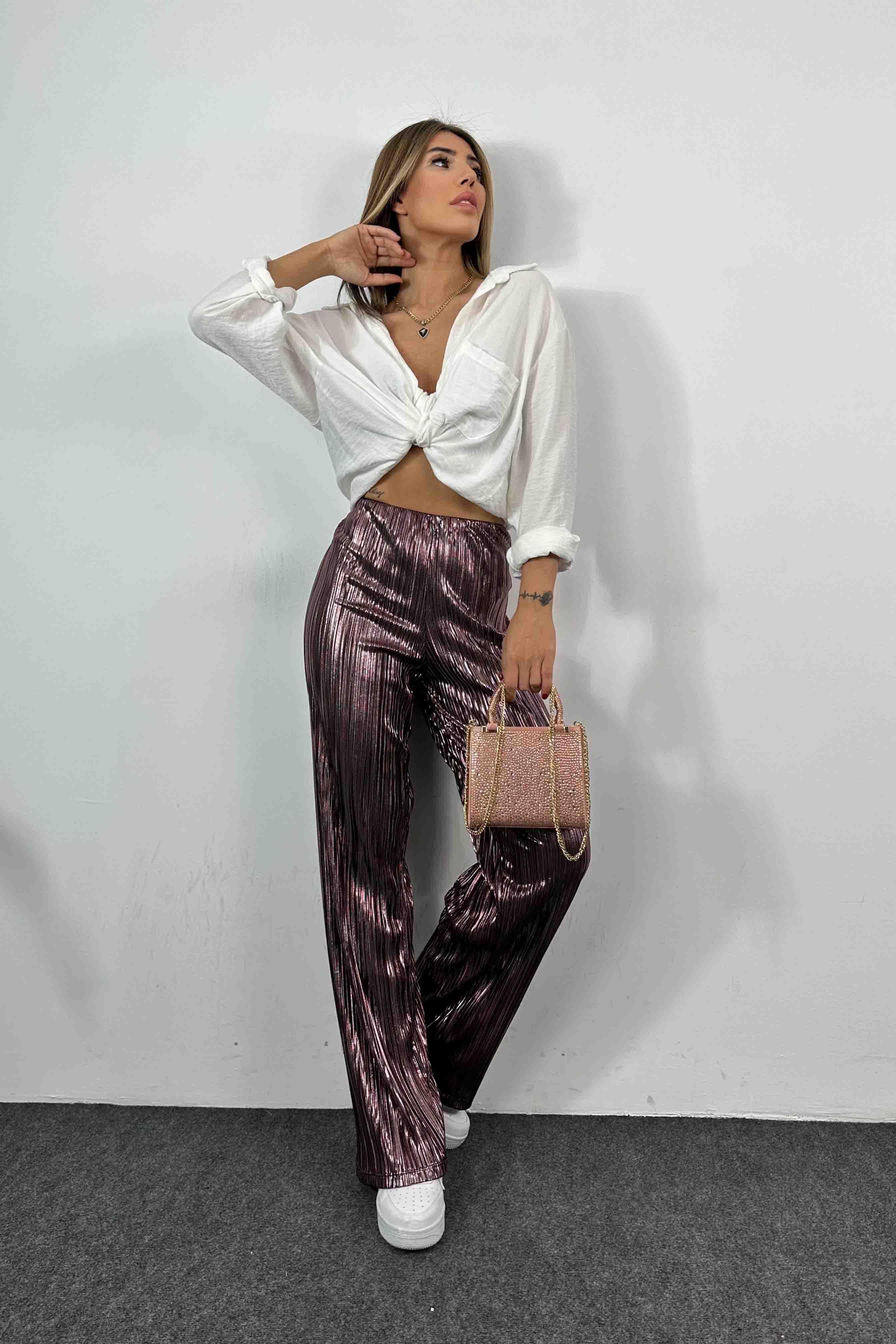 Akordiyon Kumaş Varaklı Salaş Pantolon Rose · 5