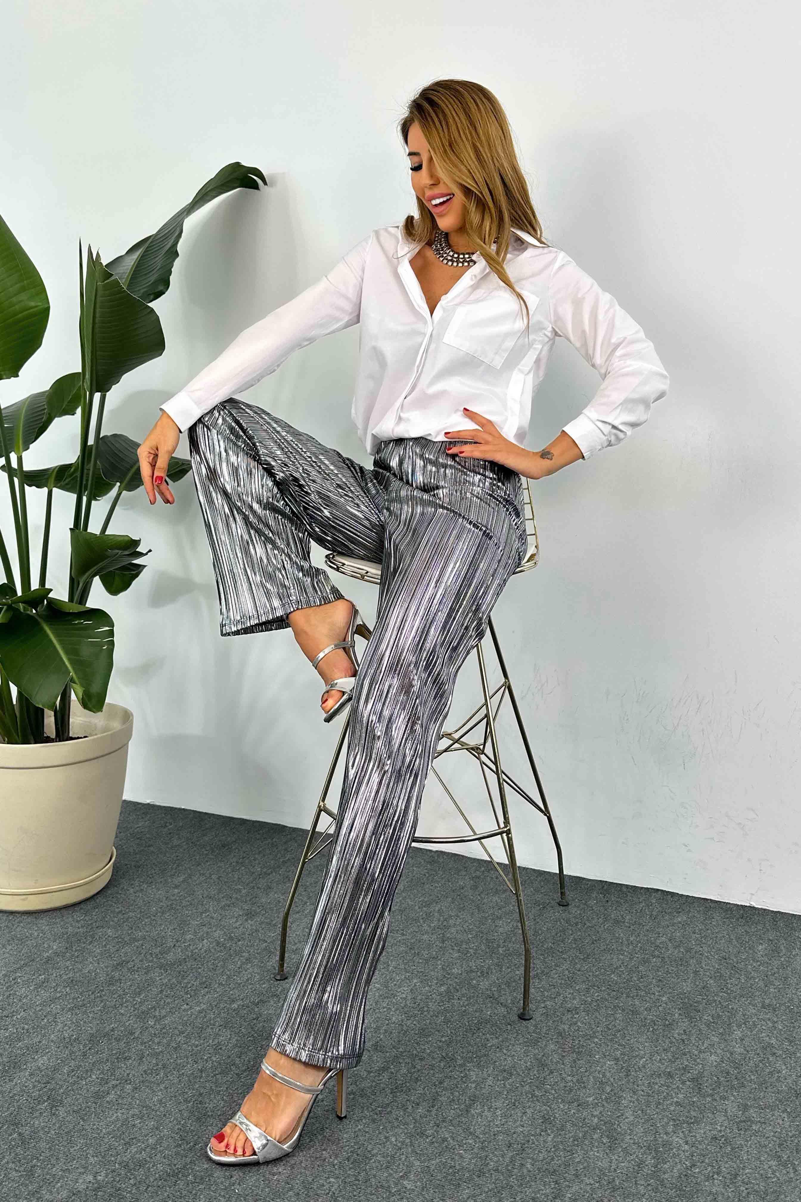Akordiyon Kumaş Varaklı Salaş Pantolon Silver · 7