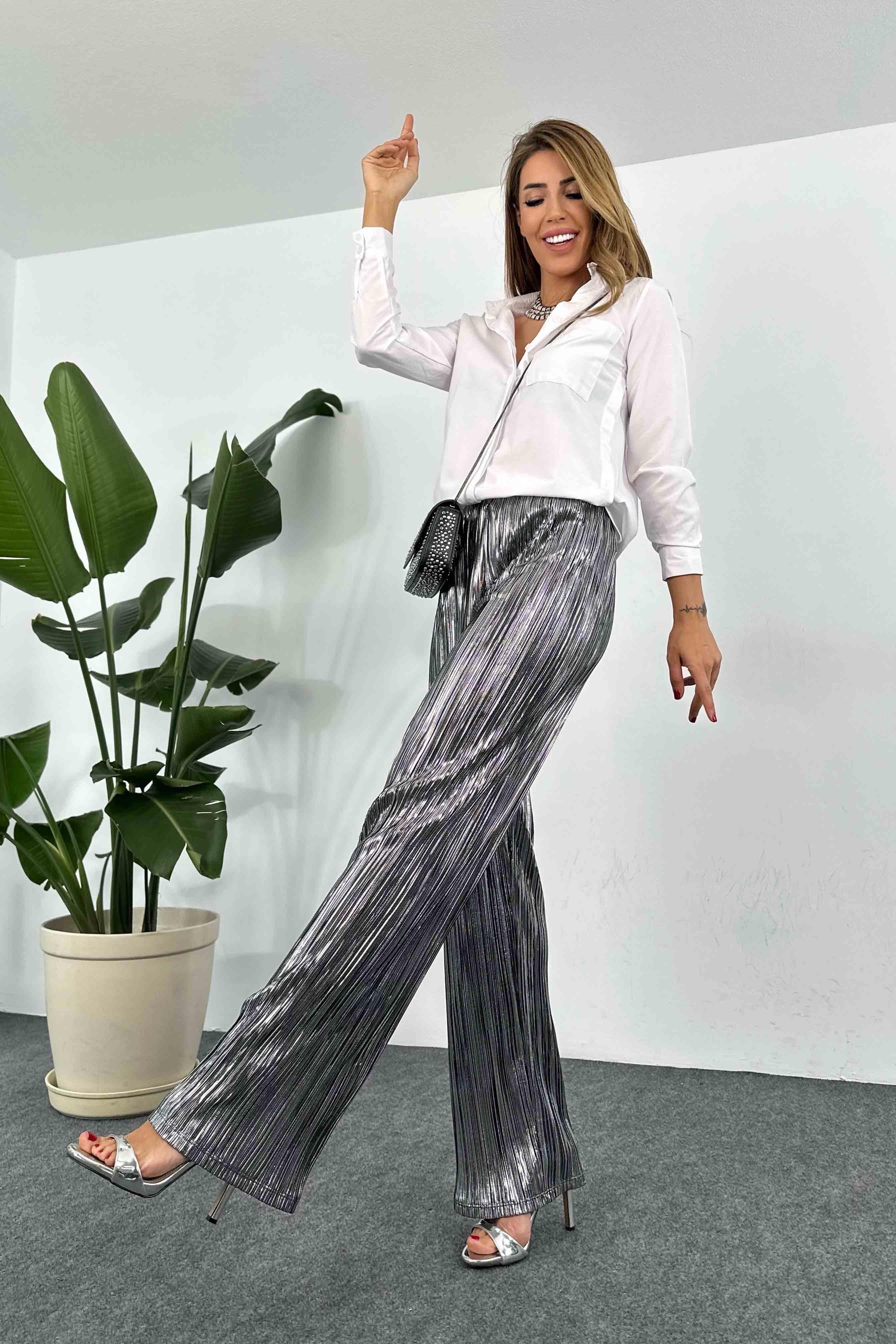 Akordiyon Kumaş Varaklı Salaş Pantolon Silver · 2