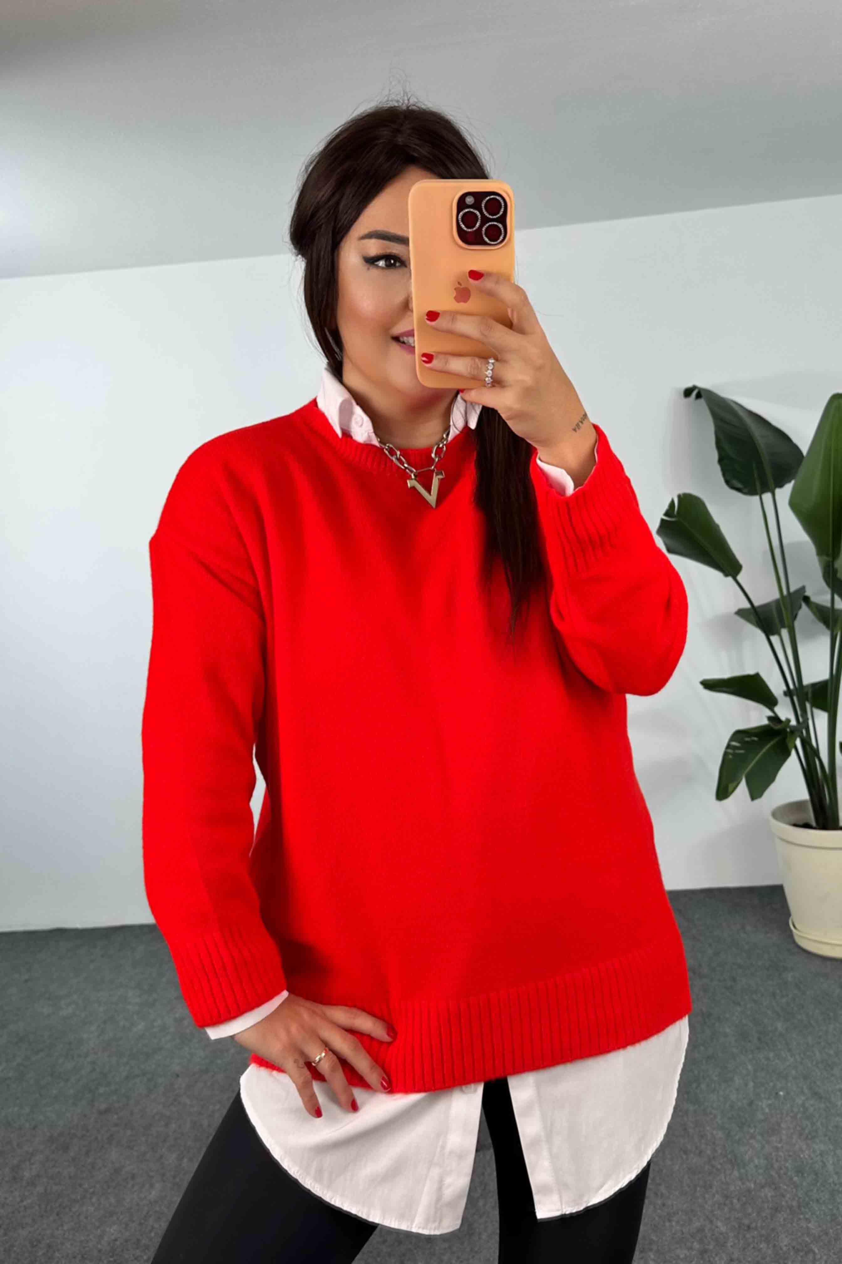 Akrilik Örme Bisiklet Yaka Oversize Kadın Kazak Kırmızı