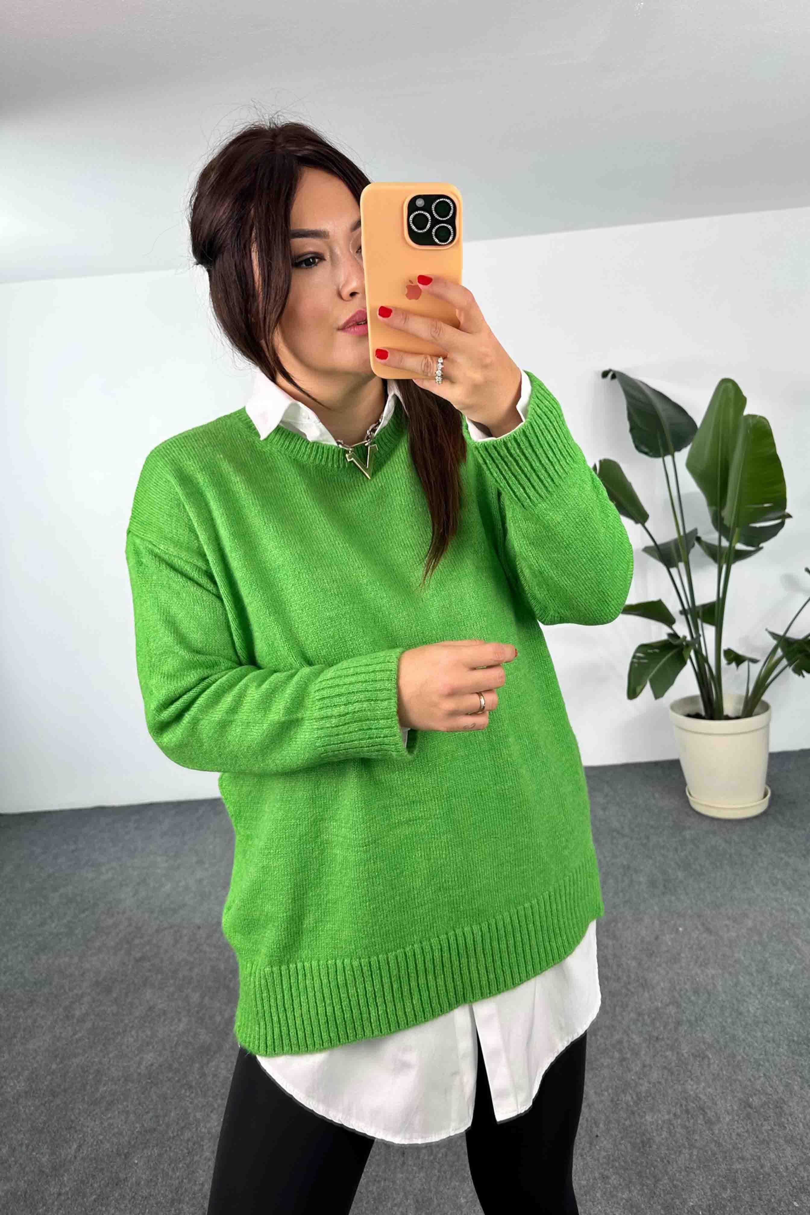 Akrilik Örme Bisiklet Yaka Oversize Kadın Kazak Açık Yeşil