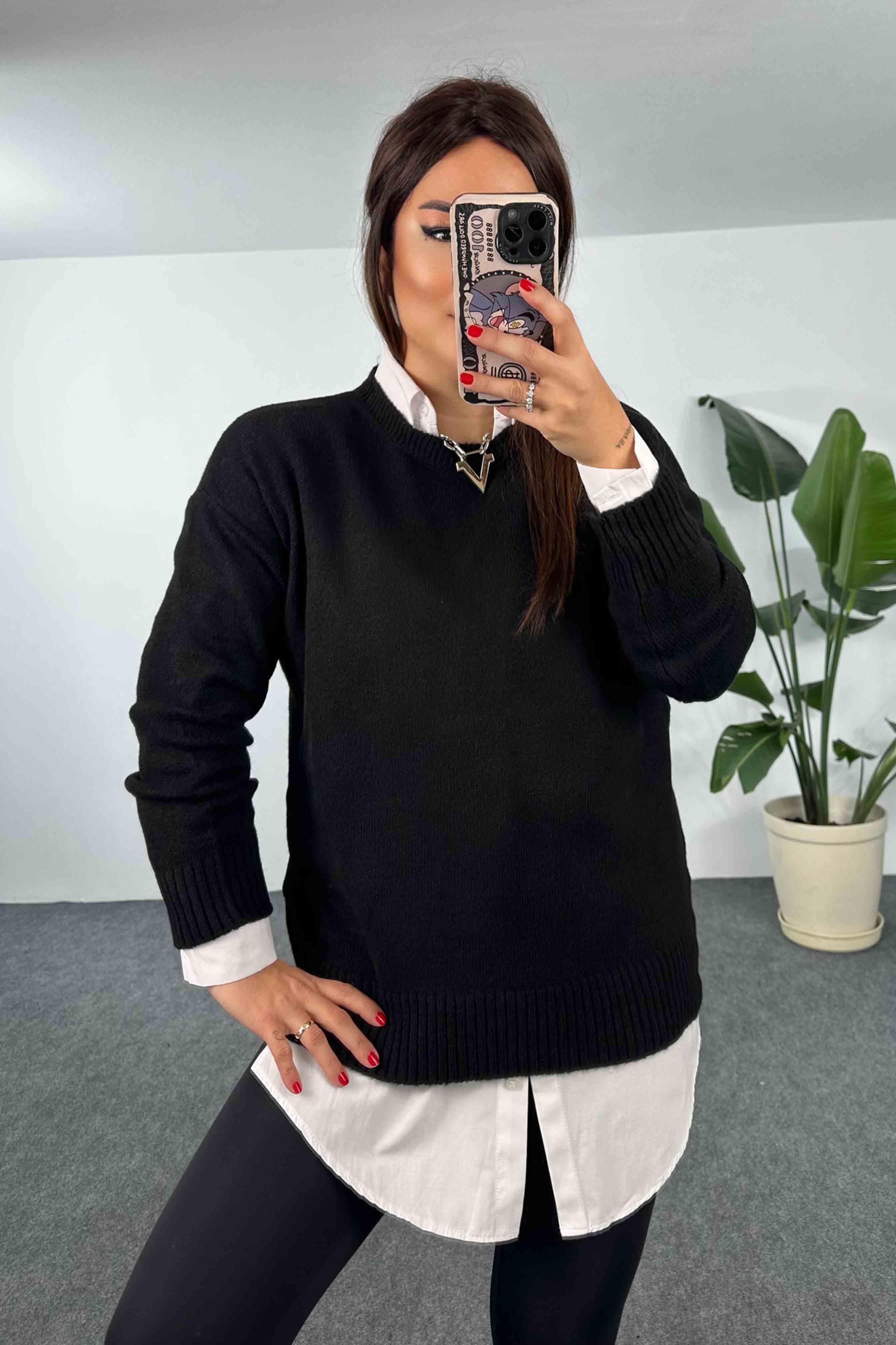 Akrilik Örme Bisiklet Yaka Oversize Kadın Kazak Siyah